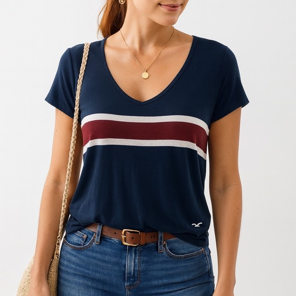 Hollister Tops - Hollister Womens Navy Blue‎ Red White Stripe V Neck Easy Tee Shirt Size M Logo